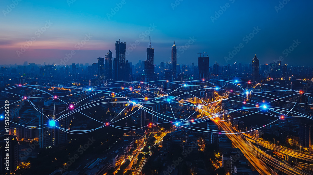 Obraz premium Smart digital city with connection cyber security network reciprocity over the cityscape . future smart wireless digital city and social media networking systems that connects people within the city