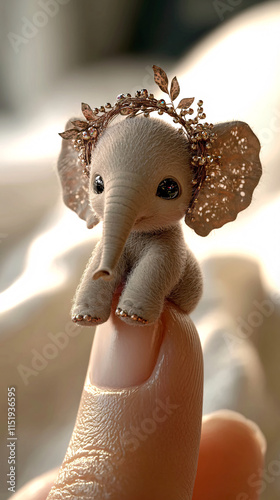 Adorable handcrafted miniature elephant figurine with lifelike details, perched on a fingertip, surrounded by soft natural tones, perfect for whimsical craft or art themes photo