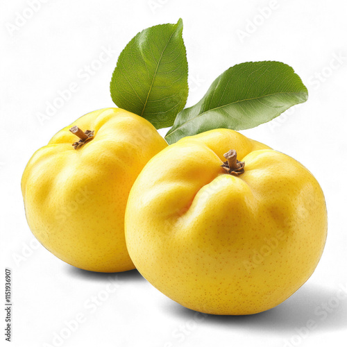 Quince fruits with green leaves isolated on transparent background, PNG