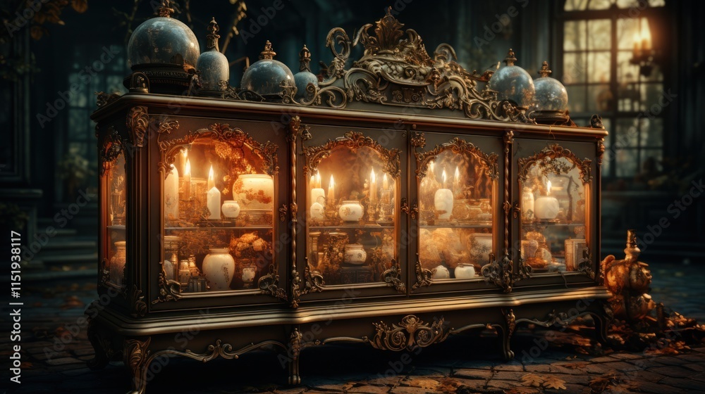 Obraz premium Antique Cabinet with Lit Candles in a Dark Room