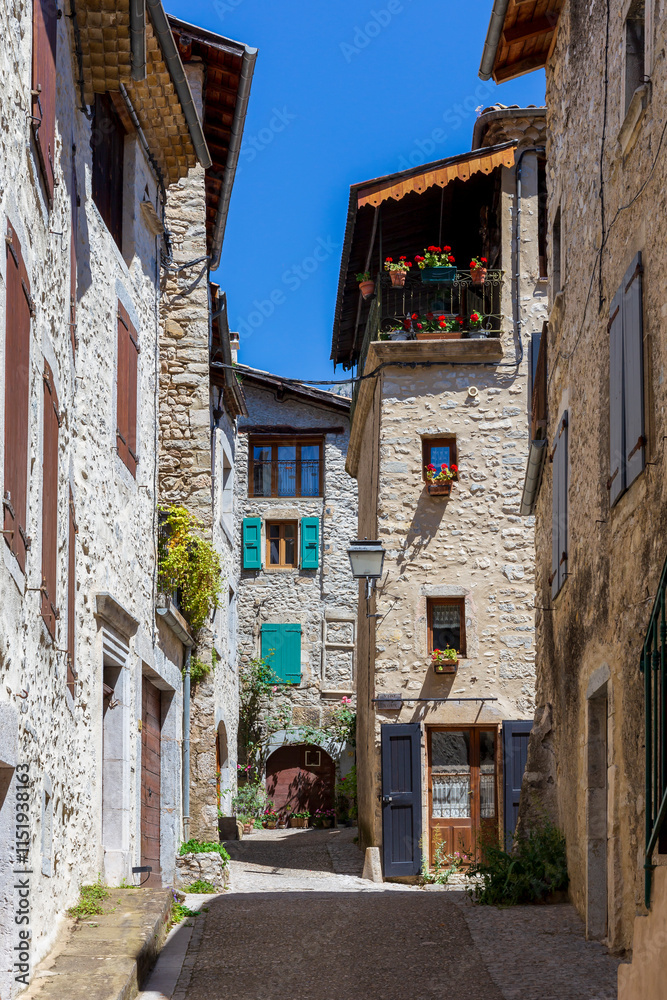 Fototapeta premium Châtillon en Diois, in the Drôme department, southeastern France. Medieval streets and houses in the center of the village. Châtillon is one of Most Beautiful Villages of France.