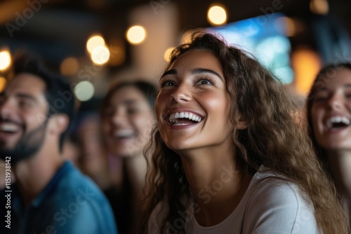 A cheerful audience engaged and enjoying a lively performance, featuring radiant smiles and an atmosphere of connection and happiness in a vibrant and dynamic setting.