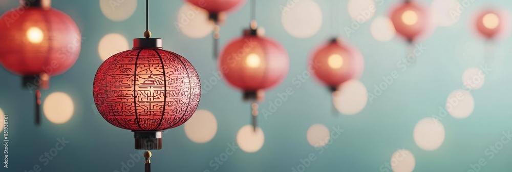 A festive display of red lanterns against a soft blue background, creating a warm and inviting ambiance. A festive display of red lanterns against a soft blue background, creating a warm and inviting ambiance.
