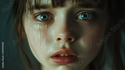 Close-up of a tearful young person with expressive blue eyes.