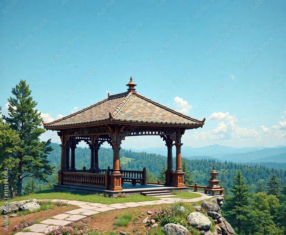 Obraz premium A beautifully crafted wooden gazebo with intricate carvings and a sloping roof on a hilltop overlooking the forest, sloping roof, hilltop, wooden gazebo