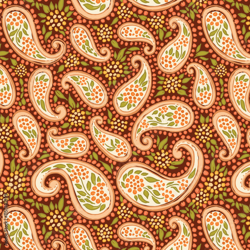 Traditional Folk Style Allover Paisley Pattern on Dark Brown Bakground