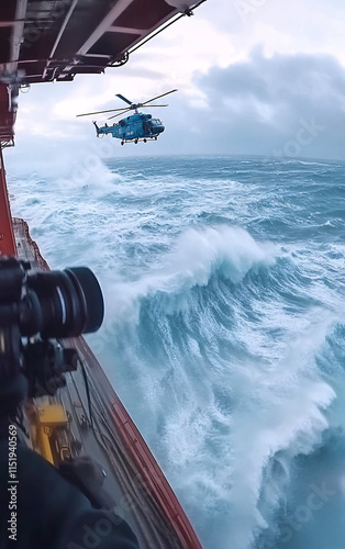 Dramatic maritime rescue operation with a helicopter and a cargo ship amidst rough seas and stormy weather, showcasing danger and urgency in extreme conditions photo