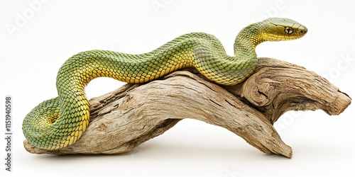 Green Snake Coiled on Weathered Driftwood Branch photo