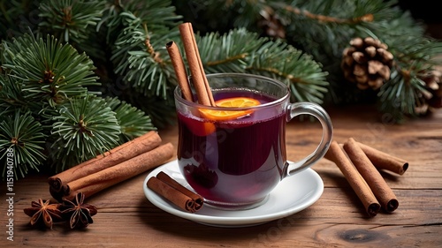 A mug of spiced mulled wine with a cinnamon stick, set on a rustic wooden table surrounded by pine branches.
 photo