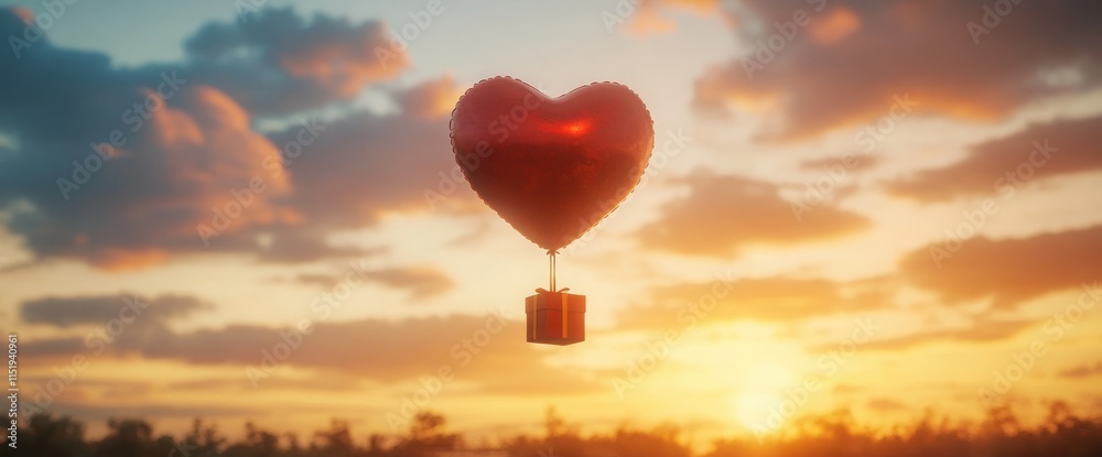 Fototapeta premium A detailed 3D heart-shaped balloon floating in the sky, with a gift box suspended below it. 