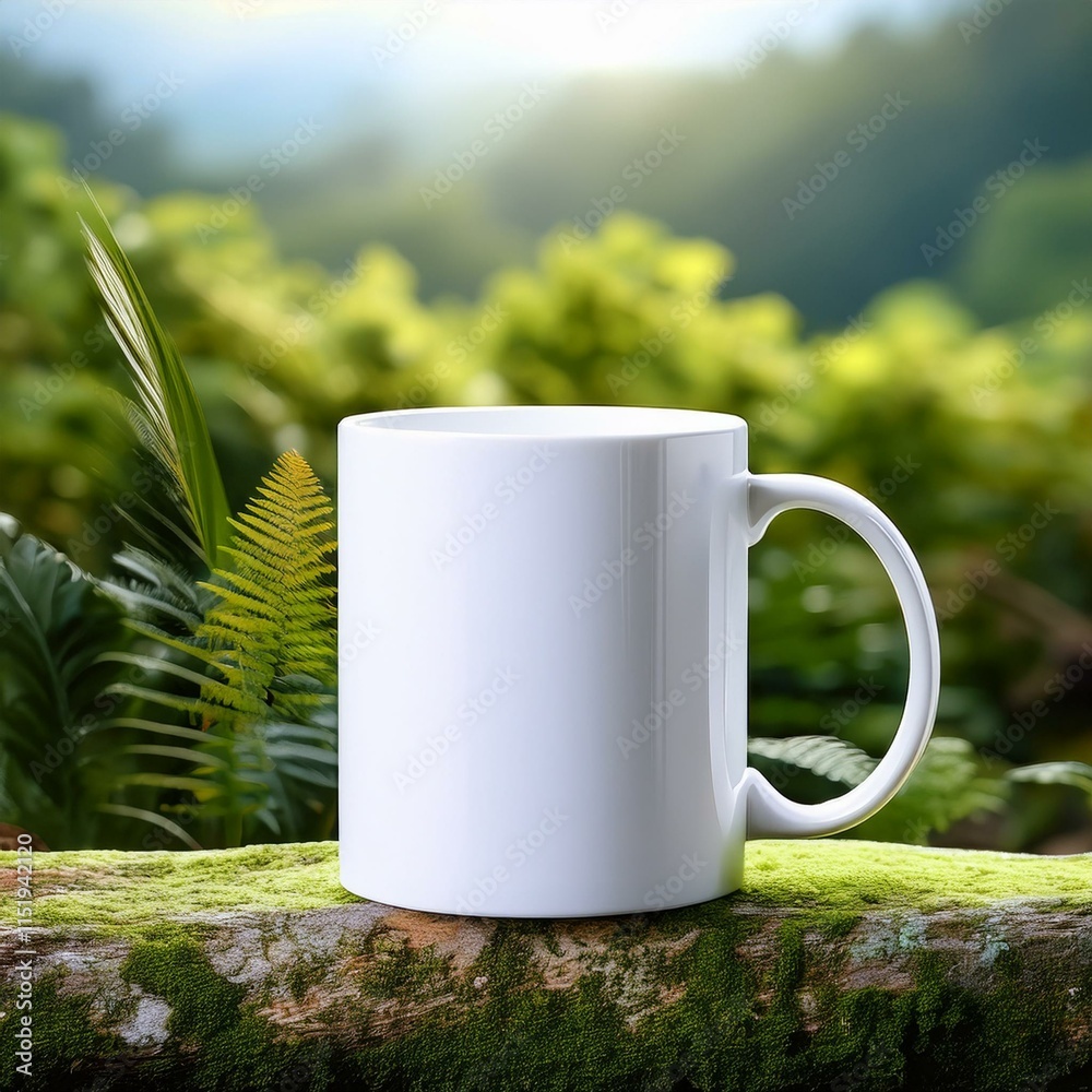 Obraz premium white coffee mug mockup template outside in nature with mountains and trees in the background