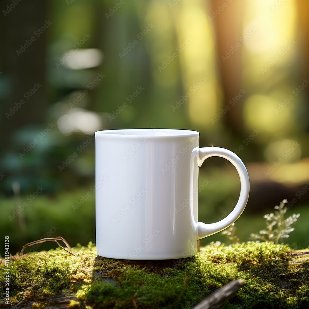 Obraz premium white coffee mug mockup template outside in nature with mountains and trees in the background