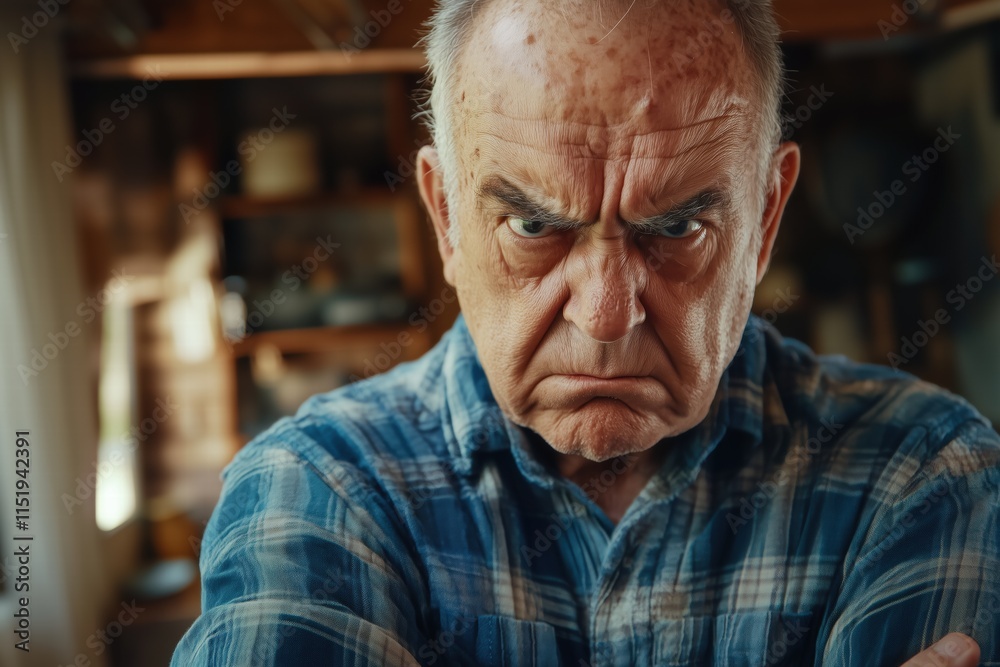 An elderly man with a serious expression, wearing a plaid shirt, stands with crossed arms. The background features a rustic interior with wooden shelves and various items. An elderly man with a serious expression, wearing a plaid shirt, stands with crossed arms. The background features a rustic interior with wooden shelves and various items.