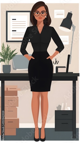 A cartoon-style depiction of a business woman in an office setting