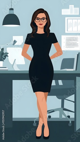 A cartoon-style depiction of a business woman in an office setting