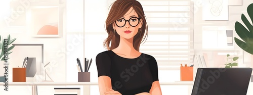A cartoon-style depiction of a business woman in an office setting