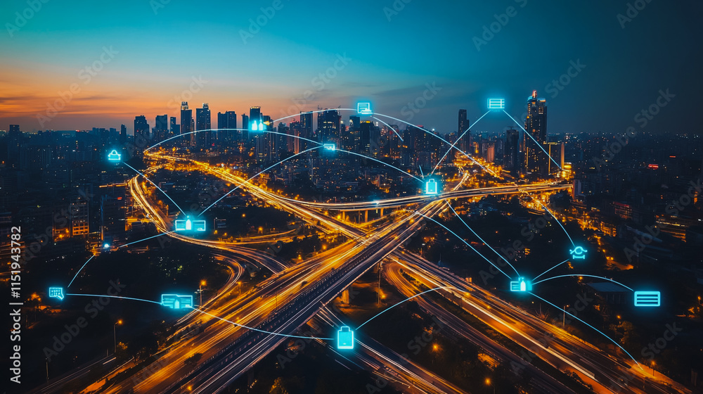 Fototapeta premium Smart digital city with connection cyber security network reciprocity over the cityscape . future smart wireless digital city and social media networking systems that connects people within the city