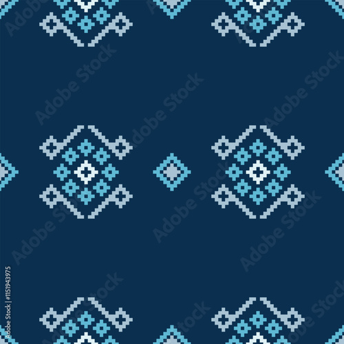 Ethnic pattern traditional motif ikat geometric fabric pattern cross stitch.Ikat embroidery Ethnic oriental Pixel blue background.Abstract,vector,illustration. Texture,decoration,wallpaper.