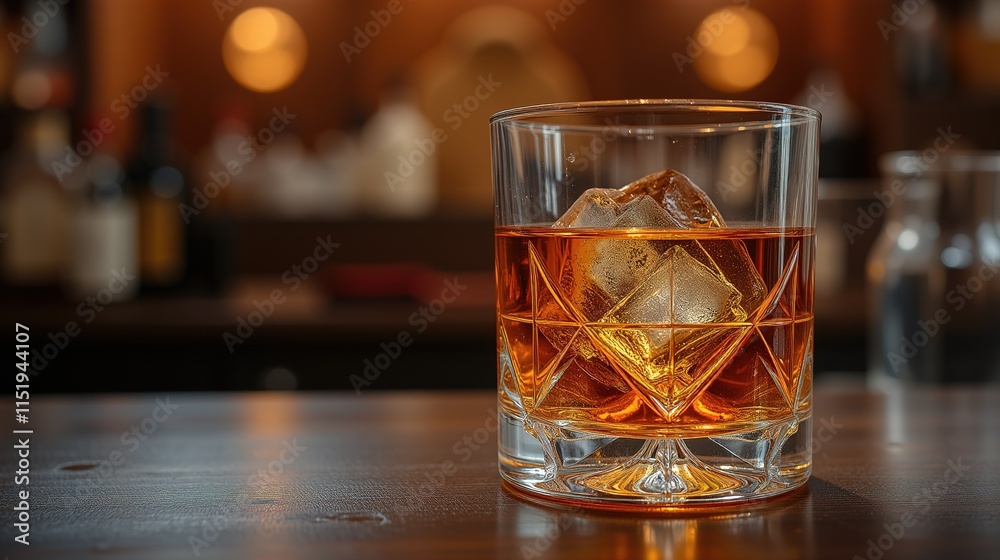 Whiskey on the rocks in elegant glass at cozy bar Whiskey on the rocks in elegant glass at cozy bar