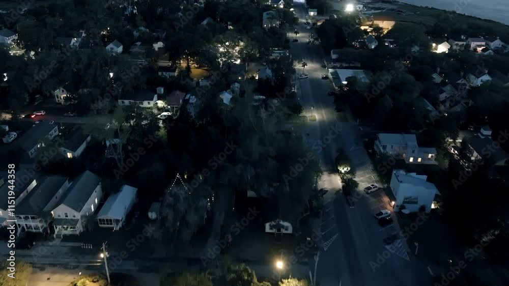 Aerial view flying over the small town of Port Royal, South Carolina at night with a drone.