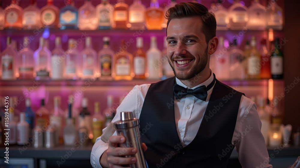 Obraz premium Smiling bartender shaking drink in vibrant bar lighting