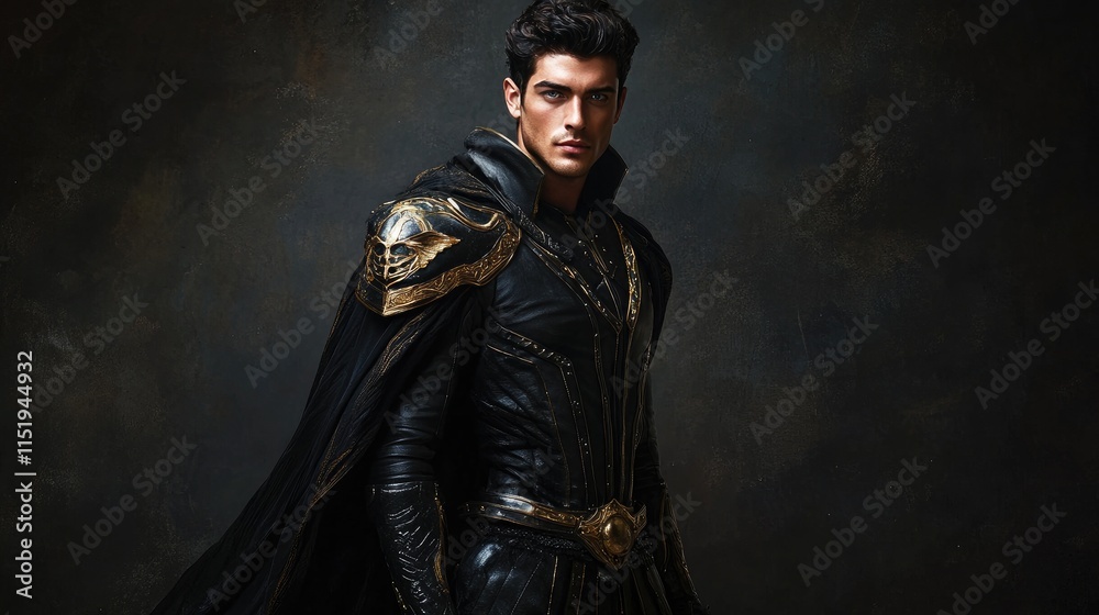 A full-body shot of a muscular man in sci-fi black leather with gold accents and a long cape set against a clean background with soft cinematic lighting. A full-body shot of a muscular man in sci-fi black leather with gold accents and a long cape set against a clean background with soft cinematic lighting.