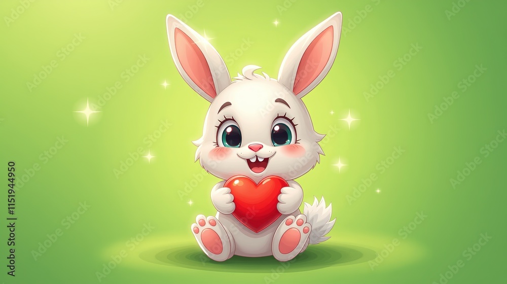 Fototapeta premium Cartoon bunny holding red heart on green background