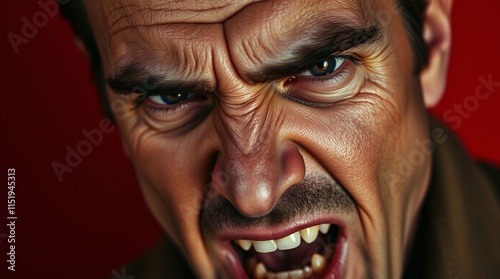 Close-up portrait of a man with an angry expression, his face showing intense emotion against a dark red backdrop.