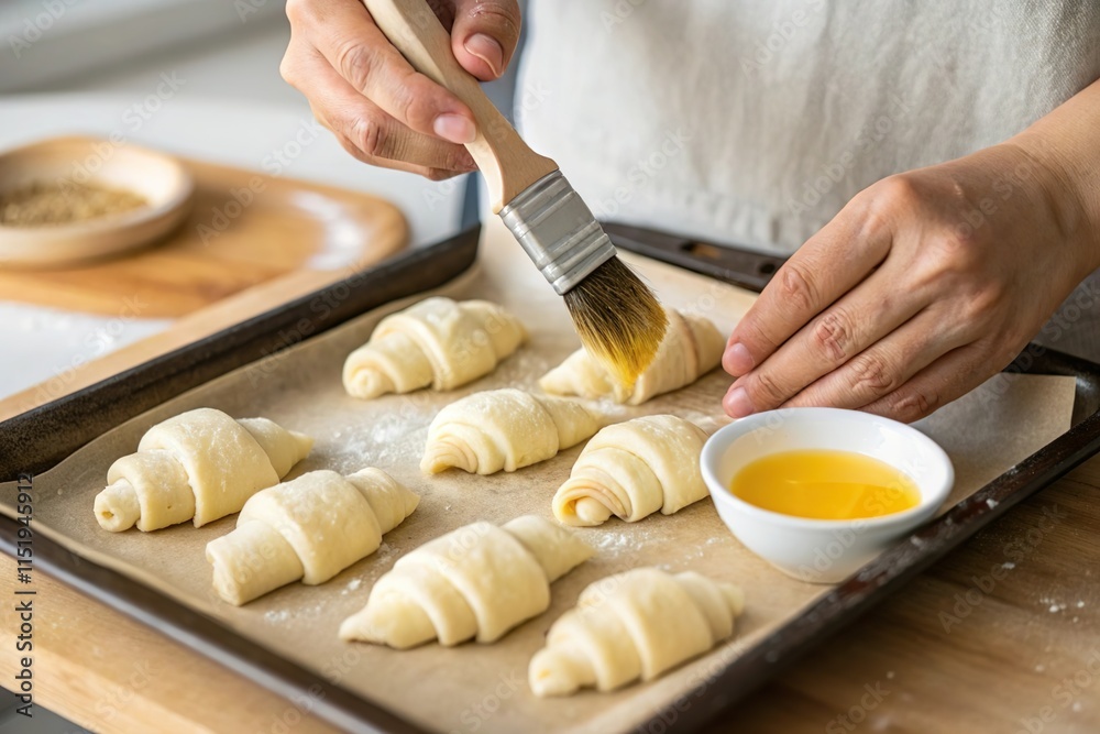hand apply egg wash glaze on croissant dough for baking hand apply egg wash glaze on croissant dough for baking