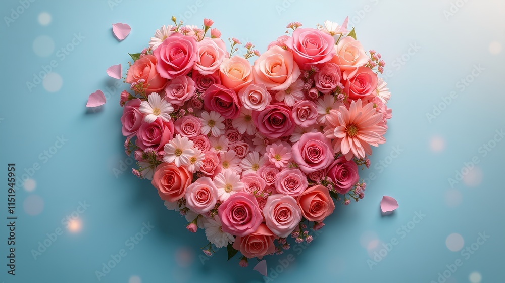 Heart-shaped bouquet of pink flowers on soft blue Heart-shaped bouquet of pink flowers on soft blue