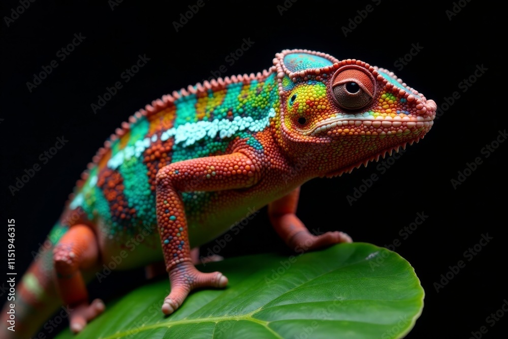 Fototapeta premium Colorful chameleon on a green leaf with a large black background lizard, reptile, nature