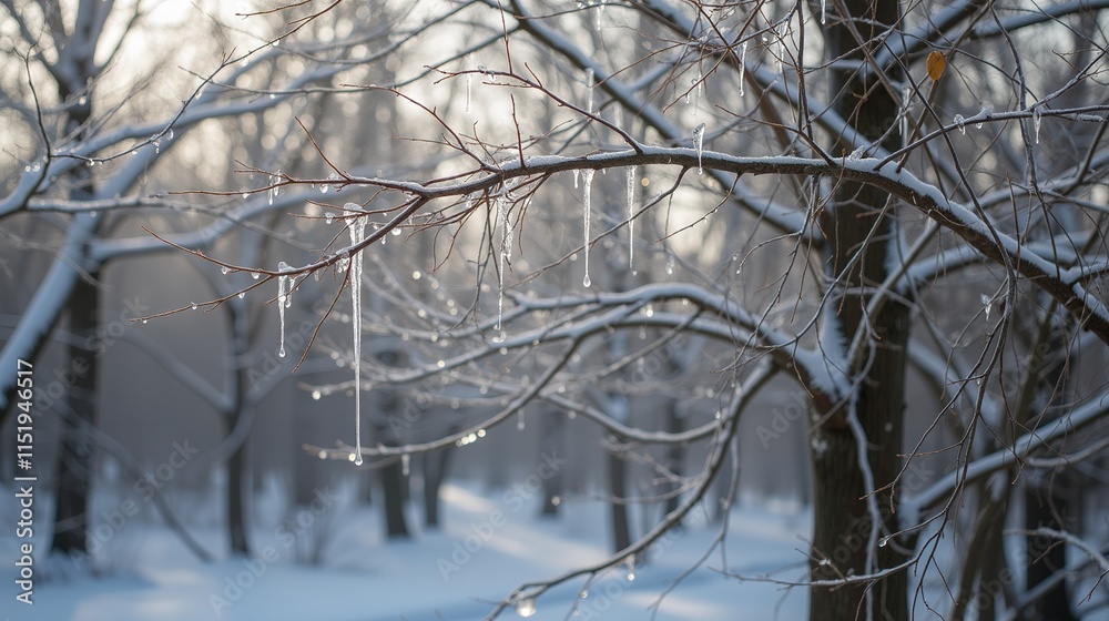 Obraz premium Snow-covered tree branches with icicles