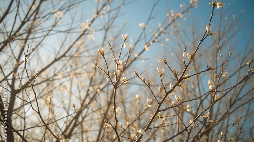 Tree branches budding in early spring sunlight Tree branches budding in early spring sunlight