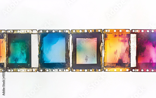 Close-up of vintage film strips with visible frames and a blurred background, evoking nostalgic cinematic aesthetics and themes of analog photography photo