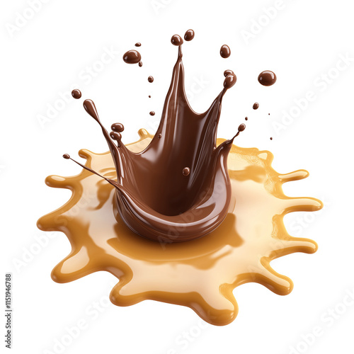Chocolate splashing into caramel on transparent background