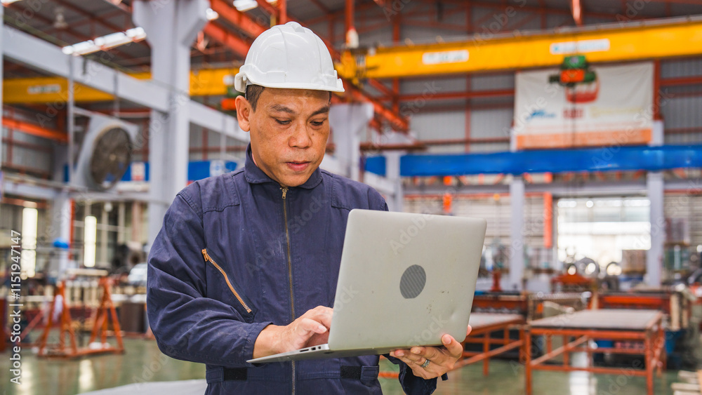 Professional Senior Asian technician engineer or inspector is using laptop in manufacturing factory planning production schedule, or doing a quality control checklist. Concept of technology in factory Professional Senior Asian technician engineer or inspector is using laptop in manufacturing factory planning production schedule, or doing a quality control checklist. Concept of technology in factory