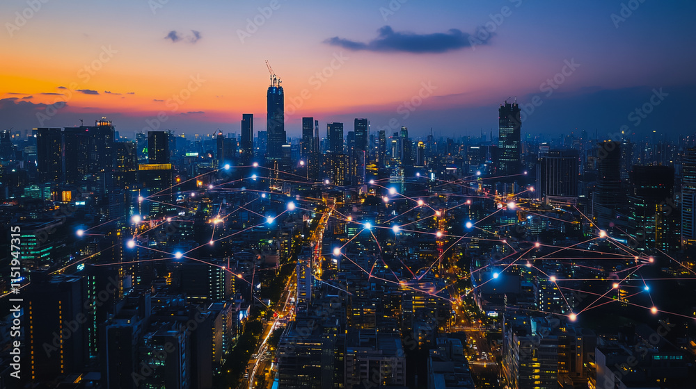 Fototapeta premium Smart digital city with connection cyber security network reciprocity over the cityscape . future smart wireless digital city and social media networking systems that connects people within the city