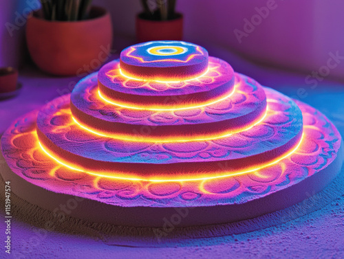 Glowing sand mandala with vibrant colors and intricate patterns photo