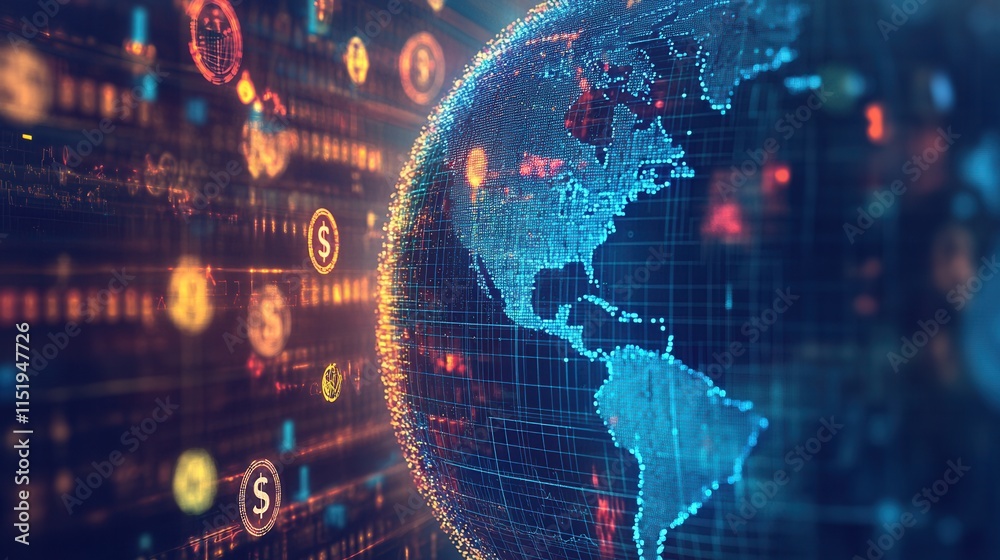 Naklejka premium Digital globe surrounded by currency symbols, illustrating the impact of global economic trends and interconnected financial systems