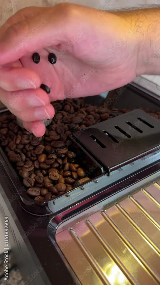 Man's hand drops coffee beans into automatic coffee grinder. Beautiful coffee beans fresh roasted coffee beans in a coffeemaker bean container. Man's hand drops coffee beans into automatic coffee grinder. Beautiful coffee beans fresh roasted coffee beans in a coffeemaker bean container.