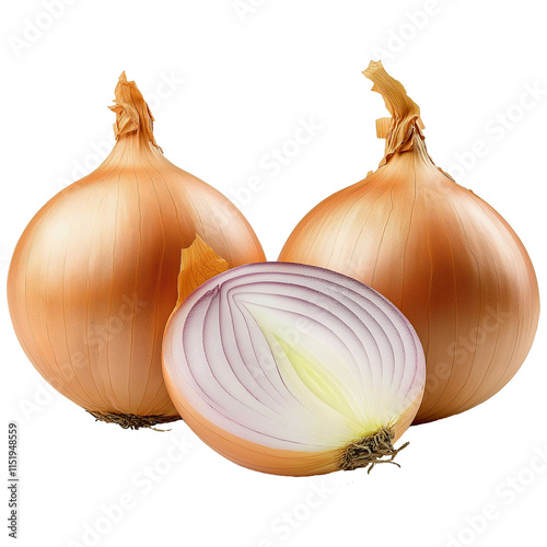 Two whole onions and a half onion on transparent background