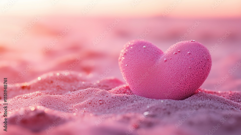 Fototapeta premium Pink heart-shaped sand on the beach with pink sunset.