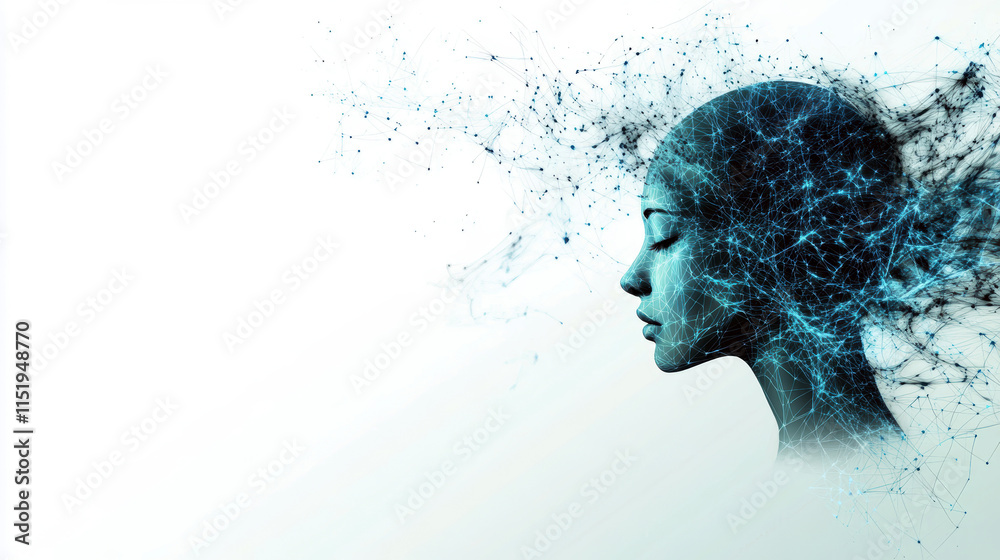 This artwork explores the intersection of human consciousness and digital networks, depicting a woman's profile intertwined with a vibrant, abstract representation of data flow and connectivity. This artwork explores the intersection of human consciousness and digital networks, depicting a woman's profile intertwined with a vibrant, abstract representation of data flow and connectivity.