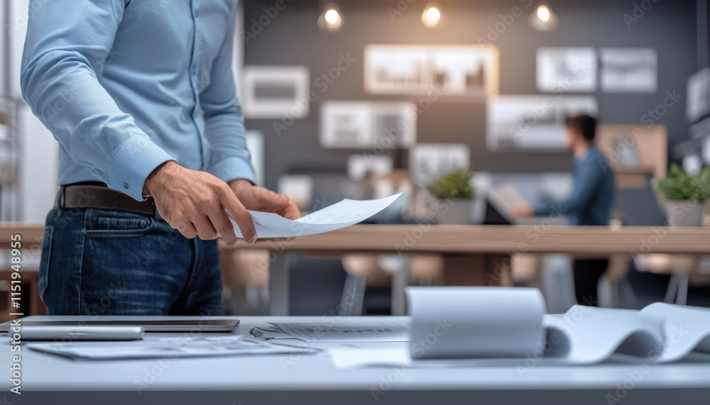 Professional entrepreneur reviewing documents in modern office space Professional entrepreneur reviewing documents in modern office space