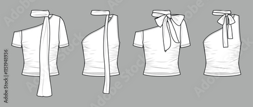 Vector slim fit top with scarf fashion CAD, woman one shoulder blouse technical drawing, template, sketch, flat, mock up. Jersey or woven fabric short sleeve tee set with front view, white color