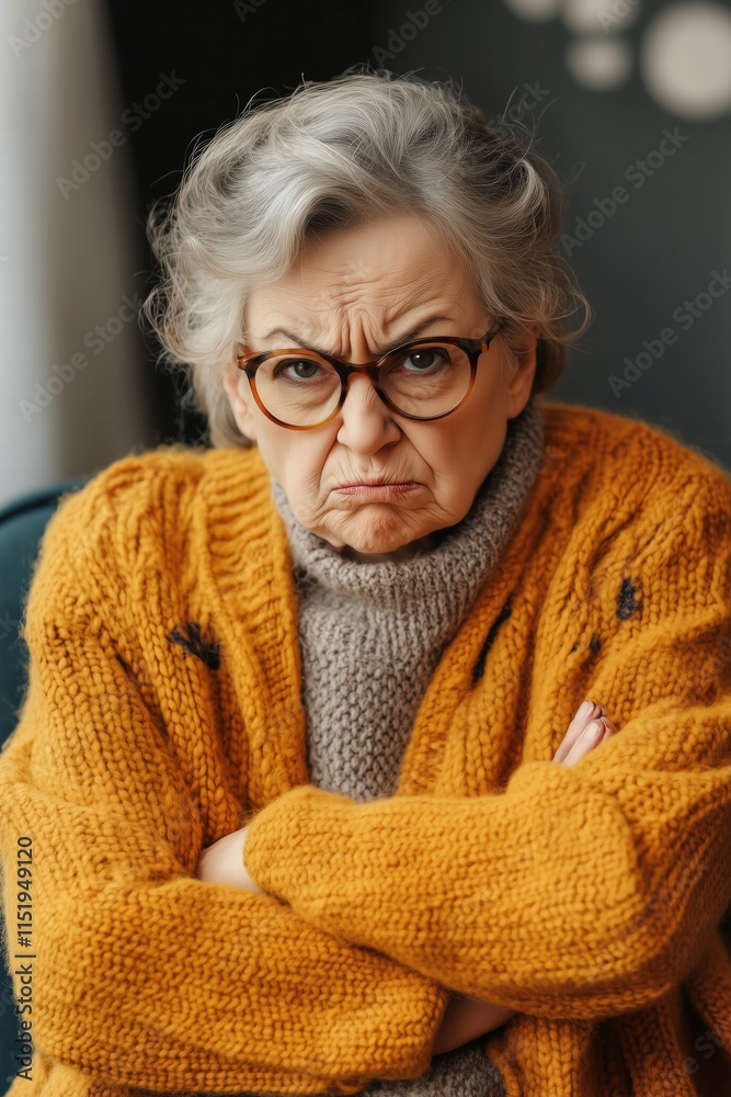 An elderly woman with gray hair and glasses, wearing a cozy orange sweater, looks displeased with her arms crossed. The background is softly blurred, emphasizing. An elderly woman with gray hair and glasses, wearing a cozy orange sweater, looks displeased with her arms crossed. The background is softly blurred, emphasizing.