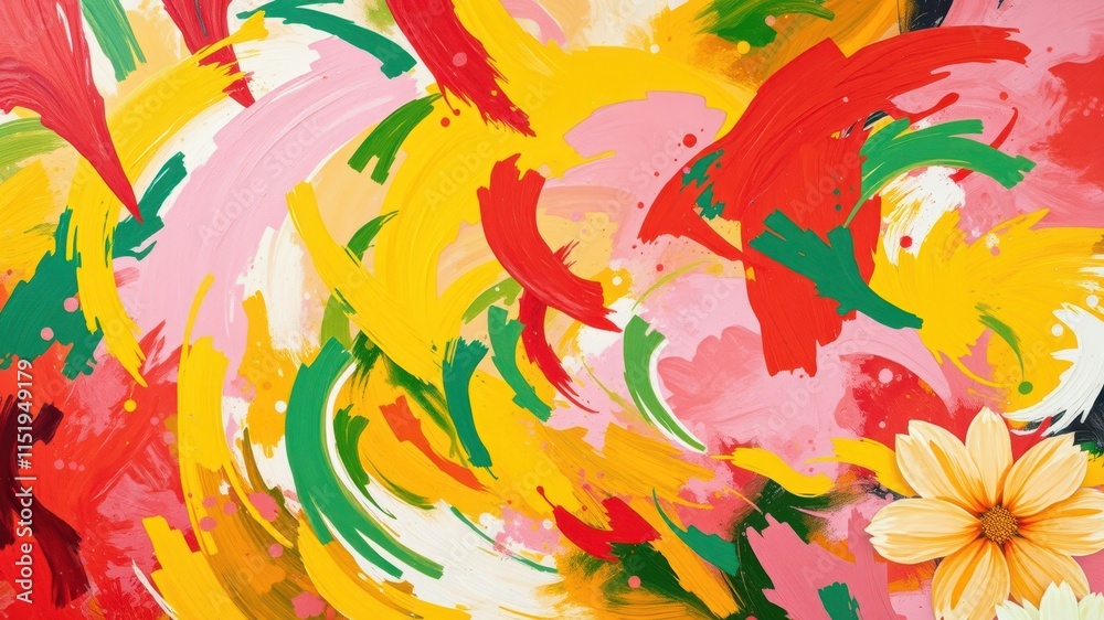 Fototapeta premium Abstract swirling strokes in vibrant hues of yellow, pink, green, and red with a single flower bloom in the foreground.