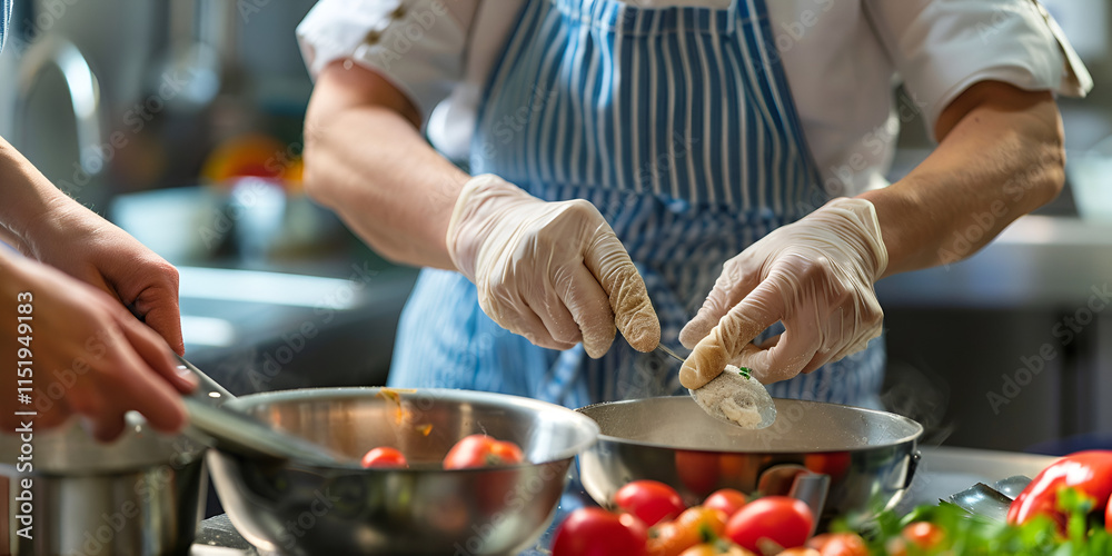 Chef preparing meal with fresh vegetables in a professional kitchen, Cooking with fresh ingredients using hygienic practices
Chef preparing meal with fresh vegetables in a professional kitchen, Cooking with fresh ingredients using hygienic practices