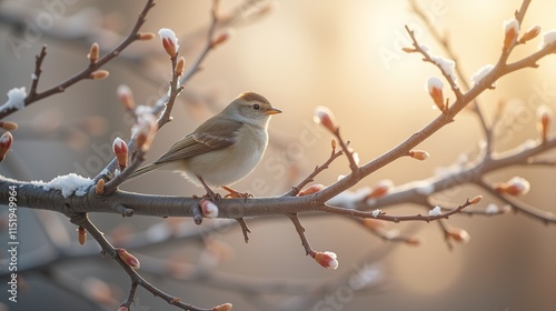 Small bird on snow-covered branch during sunset photo