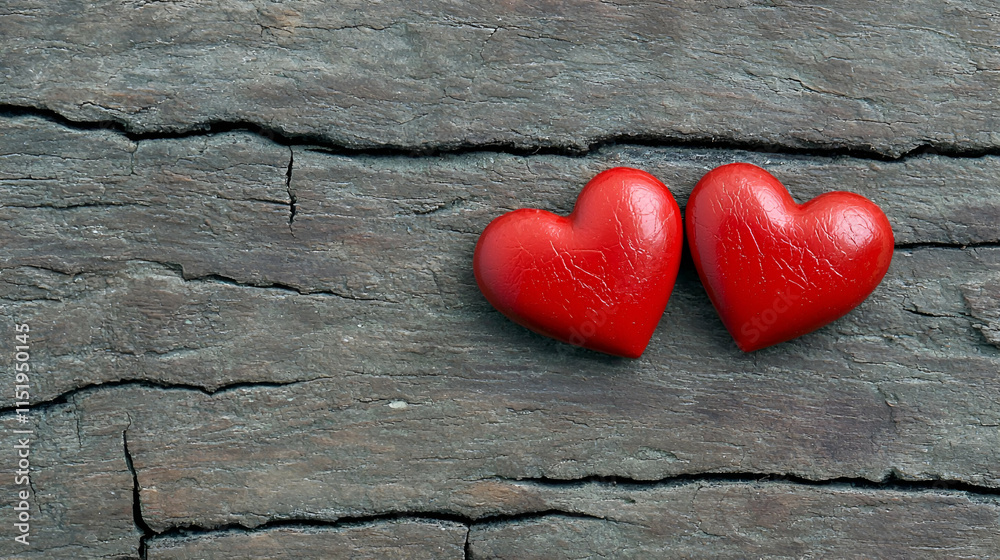Two red heart-shaped objects resting on a textured wooden surface, symbolizing love and affection. Two red heart-shaped objects resting on a textured wooden surface, symbolizing love and affection.
